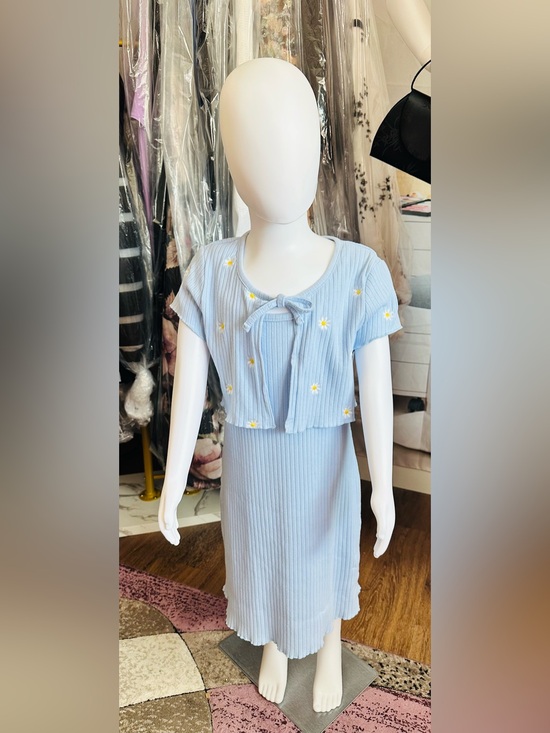 btween Other - Btween Girls Blue Daisy Ribbed Dress & Matching Tie-Front Shrug Set
